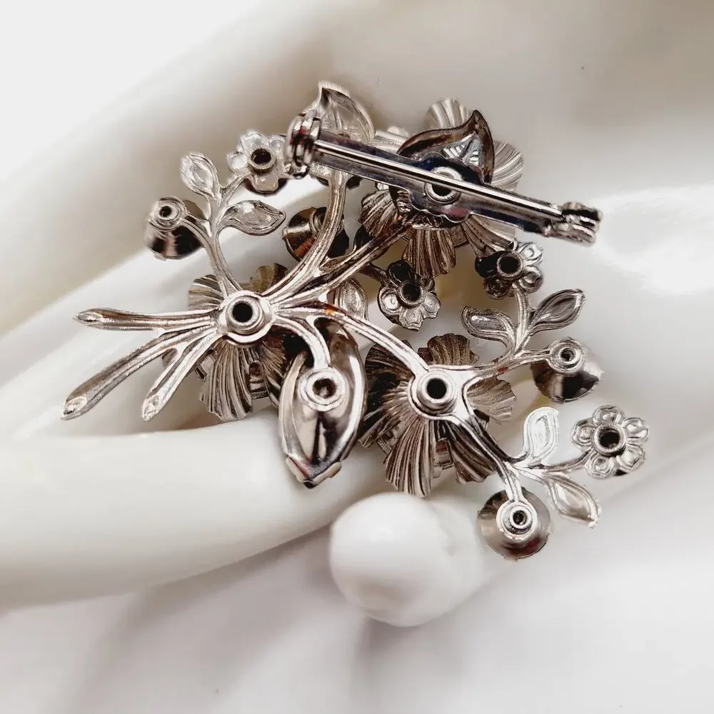 Vintage 1950s Blue Rhinestone Floral Brooch Silver Tone Mid Century